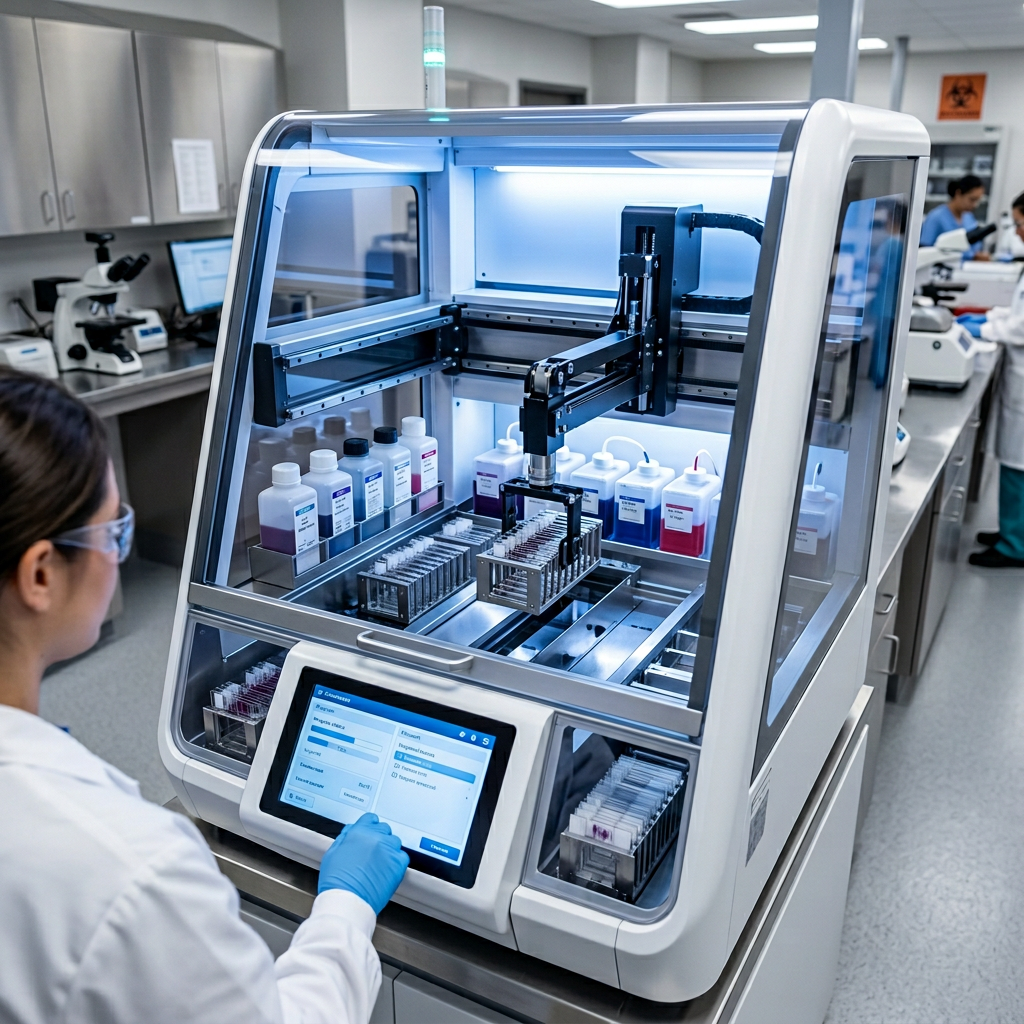Apparecchiatura automatizzata per la colorazione di vetrini in un laboratorio istologico