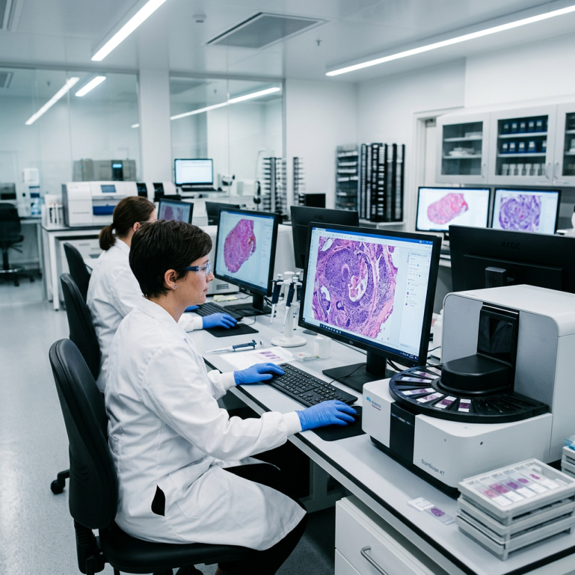 Un moderno laboratorio di patologia digitale con scanner e schermi ad alta risoluzione